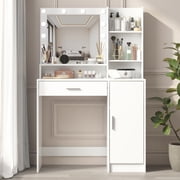 FFZ White Vanity Desk With Mirror And Lights, Large Drawer 3 Level Storage Dresser For Bedroom
