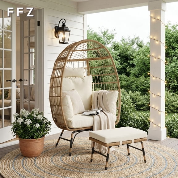 FFZ Wicker Egg Chair with Ottoman, Indoor Outdoor Egg Basket Lounge Chair w/Cushion, Oversized Egg Seat with Legs 500 Lbs, Comfy Cozy Boho Style Nest Chair w/Footrest for Patio, Balcony