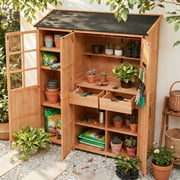 FFZ 60.6 inch Garden Shed with Waterproof Roof, 3 Doors, Workstation and 7 Shelves, Natural
