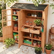 FFZ 60.6 inch Garden Shed with Waterproof Roof, 3 Doors, Workstation and 7 Shelves, Natural