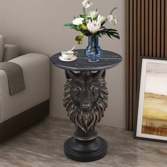 FFZ Wolf Head Accent Table with Faux Marble Top, Antique brown