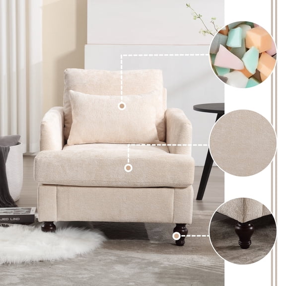 FFZ Tufted Club Chair with Solid Wood Frame and Chenille Upholstery, 29.53 x 32.48 x 32.48 inch, Beige