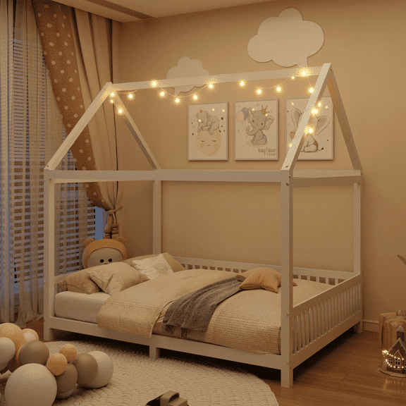 FFZ Full Size Wood House Bed with Guardrail and LED Lights, 79 x 56 x 78.5 inch, White