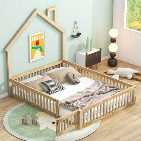FFZ Wood Full Size House Platform Bed with Guardrail, Natural