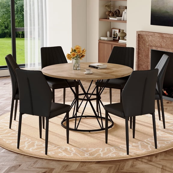 FFZ 47.3 inch Round Dining Table Set with 6 PU Chairs, Hourglass Metal Base, Black
