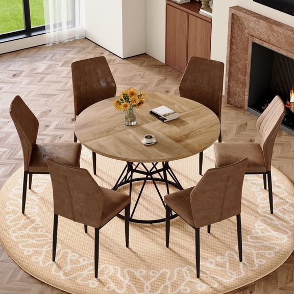 FFZ 7-Piece Dining Table and 6 Chairs Set with Hourglass Base, 47.3 inch Round Table, Brown