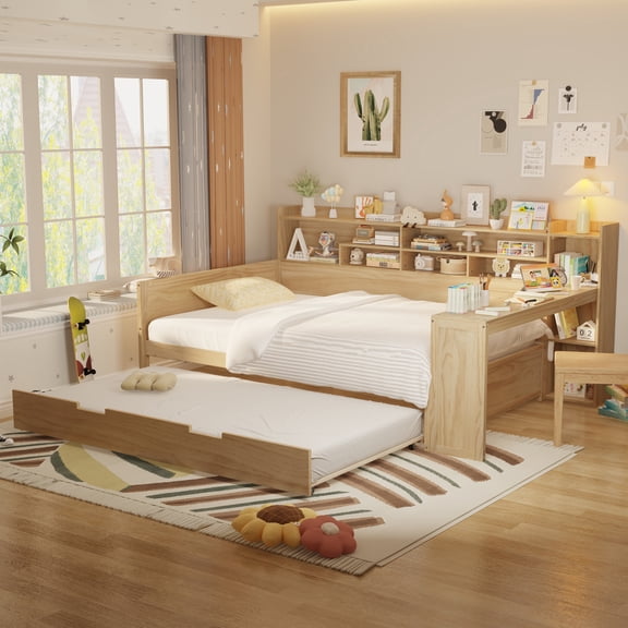 FFZ Wooden Full Size Daybed Storage Shelves Multi-Functional Twin Trundle Desk Natural