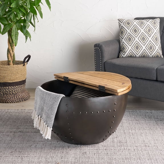 FFZ Wooden & Iron Coffee Table with Hinged Top Storage and Metal Base, 27 x 27 x 15 inch, Natural