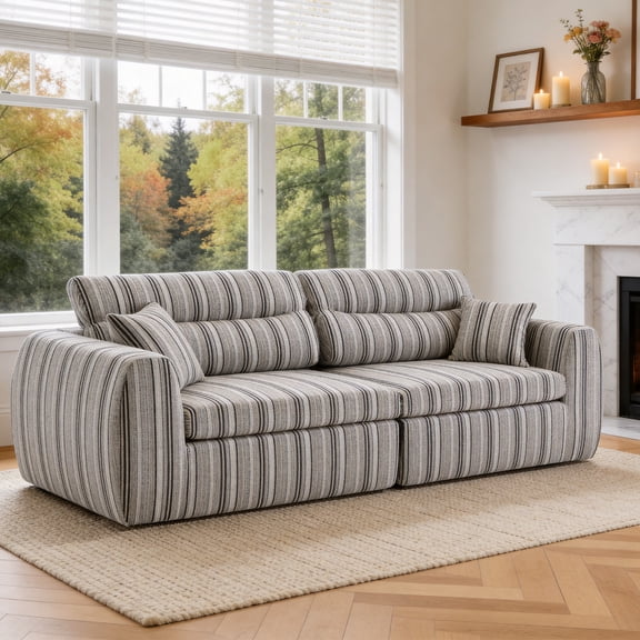 FFZ Woven Chenille Striped Compression Sofa with High-Density Sponge, No-Assembly Required, Black White