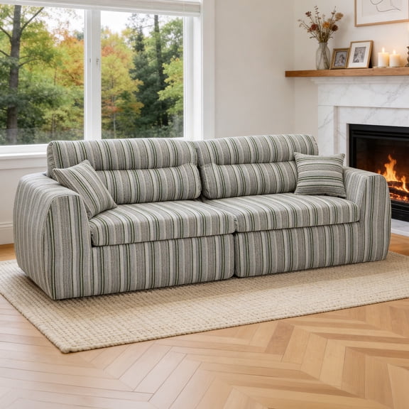 FFZ Woven Chenille Striped Compression Sofa with High-Density Sponge, No-Assembly Required, Sage Green