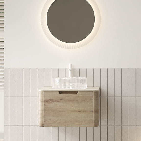 FFZ 24" Floating Bathroom Vanity with Sintered Stone Top, Crystal Glass Basin, Oak Woodgrain Cabinet, White