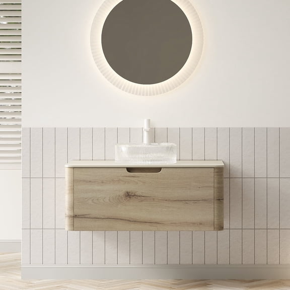 FFZ 36 inch Floating Bathroom Vanity with Sintered Stone Top, Glass Basin and Plywood Cabinet, White