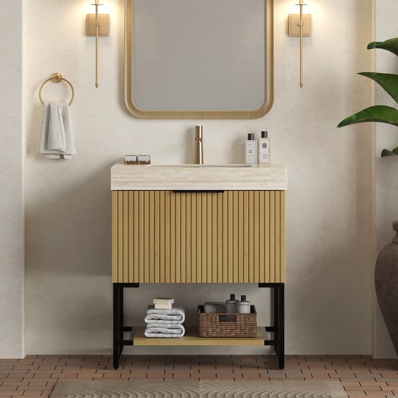 FFZ 30 inch Freestanding Bathroom Vanity with Roma Travertine Sintered Stone Top, Ceramic Basin, Beige