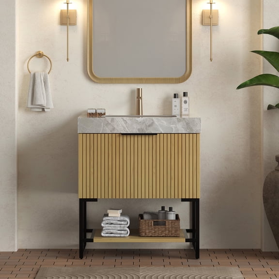 FFZ 30 inch Bathroom Vanity with Sintered Stone Top, Ceramic Basin and Plywood Cabinet, Black