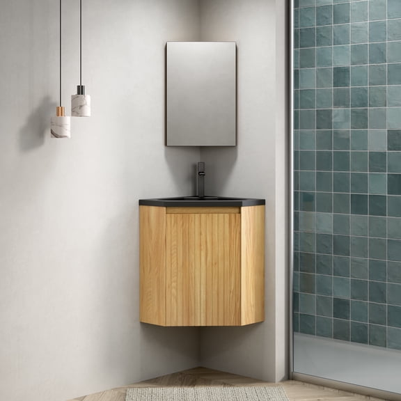 FFZ 30 inch Triangular Corner Floating Bathroom Vanity with Integrated Resin Basin, Black