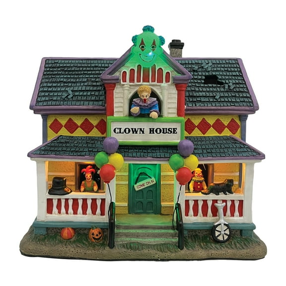 FG Square Clown Halloween Village | Spooky Town Collection Accessories Figurines on House | Porcelain with Multi-Color LED | 8.86 Inch