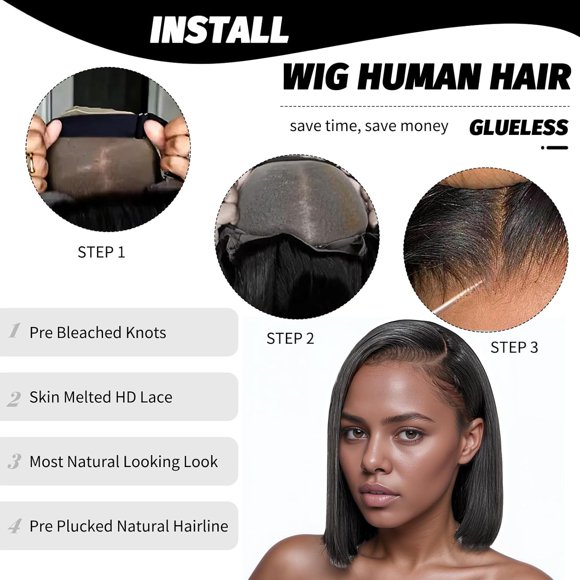 FGERFE-10 Inches Glueless Wigs Human Hair Pre Plucked Pre Cut, Bob Wig Human Hair Glueless, 180% Density, Side Part Short Hair Suitable For Black Women (Black)
