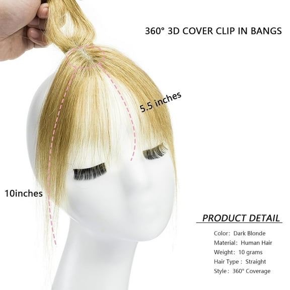 FGERFE-100% Real Human Hair Toppers with Bangs 360 3D Coverage Clip in Bangs for Women Bangs Hair Clip with Fringe Hairpieces for Daily Wear Dark Blonde