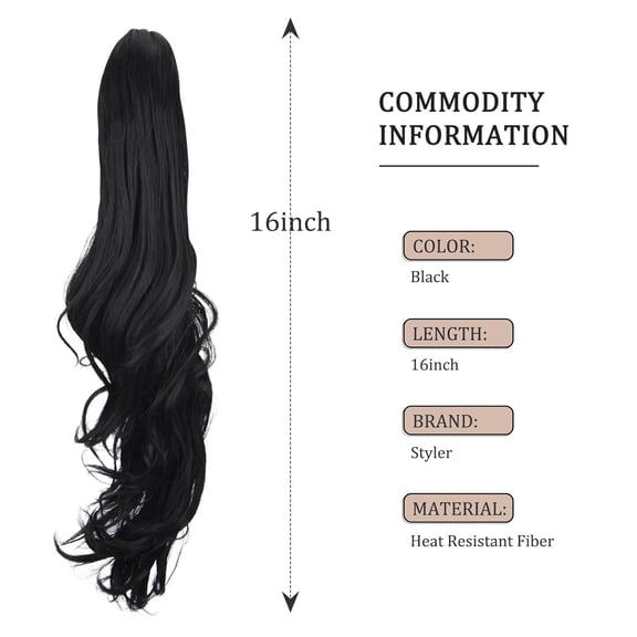 FGERFE-16 Inch Black Ponytail Wig with Jaw Claw Clip for Woman Girl Hair Piece Curly Wavy Pony Tail for Daily Use