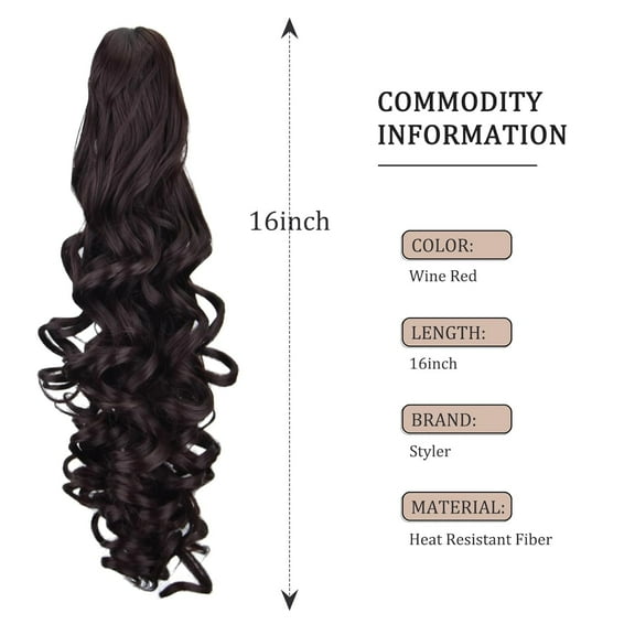 FGERFE-16 Inch Red Ponytail Wig with Jaw Claw Clip for Woman Girl Hair Piece Curly Wavy Pony Tail for Daily Use