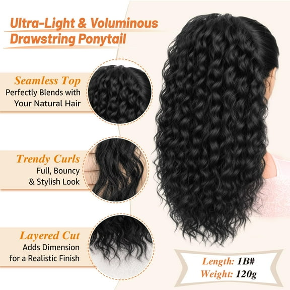 FGERFE-18" Curly Drawstring Ponytail Extension for Black Women - Synthetic Clip-in Ponytail Hairpiece with Afro Wavy Fluffy Thick Natural Look (Black)