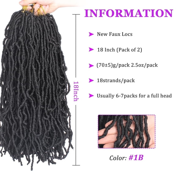 FGERFE-18 Inch New Faux Locs Crochet Braids Hair 2Packs/Lot Black Soft Locs Pre-looped Goddess Locs Braiding Hair For Women Curly Wavy Faux Locs Crochet Synthetic Hair Extensions (18 inch,1B#)