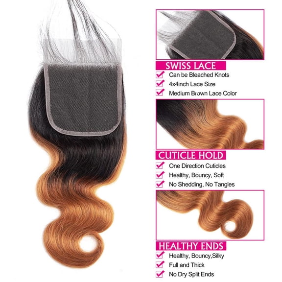 FGERFE-1B/30 Closure Ombre Lace Closure 4X4 Free Part Transparent Lace Brazilian Virgin Hair Body Wave Long 12 Inch Honey Blonde Pre Plucked With Baby Hair High Density Bleached Knots