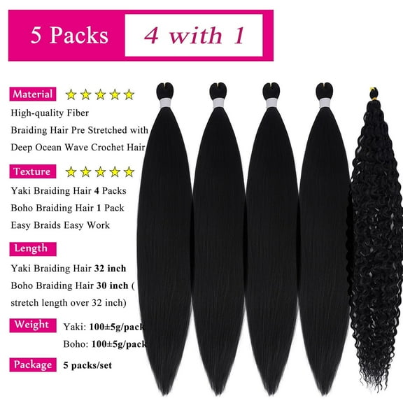 FGERFE-1b Black Pre Stretched Braiding Hair 32 Inch with Boho Curls Curly Ocean Wave Wavy Braiding Hair Deep Wave Crochet Hair Extensions for Boho Braids 5 packs