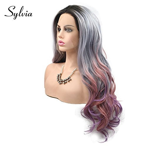 FGERFE-24" Grey to Peach Purple Ombre Lace Front Wig Dark Roots Natural Body Wave Soft Half Hand Tied Wig 180% Density Heat Resistant Hairs For Woman