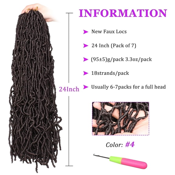FGERFE-24 Inch 7 Packs 126Strands New Faux Locs Crochet Braids Hair Synthetic Most Natural Faux Locs Crochet Dreadlock Hair Goddess Curly Wavy Soft Locs Braids Hair Extensions (24 Inch, 4#)