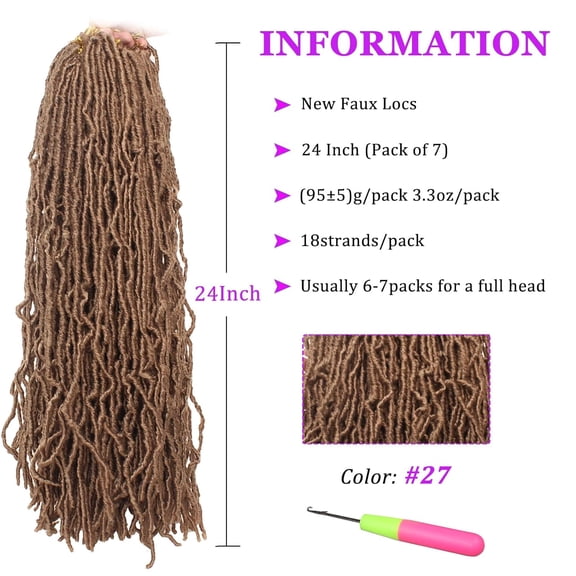 FGERFE-24 Inch 7 Packs/Lot New Faux Locs Crochet Hair Pre-Looped Light Brown Soft Locs Crochet Twist Braiding Hair Synthetic Goddess Locs Curly Wavy Crochet Braids Hair for Black Women (24 Inch, 27#)