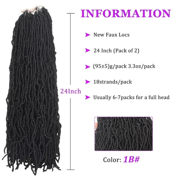 FGERFE-24 Inch New Faux Locs Hair 2Packs Most Natural Black Faux Locs Crochet Braids Hair Synthetic Curly Wavy Soft Locs Goddess Locs Braiding Hair Extensions for Women (24 Inch, 1B#)