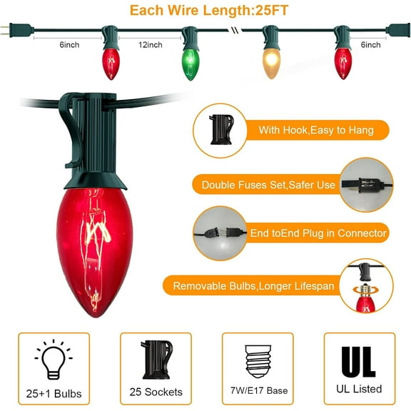 FGERFE-25FT C9 Christmas Lights Outdoor,Red White Green Christmas Lights with 26 Bulbs(1 Spare),C9/ E17 Base,Vintage Colored Christmas Lights for Garden, Yard, Party, Christmas Tree Decorations