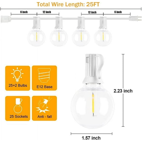 FGERFE-25Ft LED String Lights with 27 Shatterproof LED Clear Globe Bulbs, Indoor&Outdoor String Lights for Patio, Garden, Backyard, Bistro, Pergola, Tents, Gazebo Decor, White Wire
