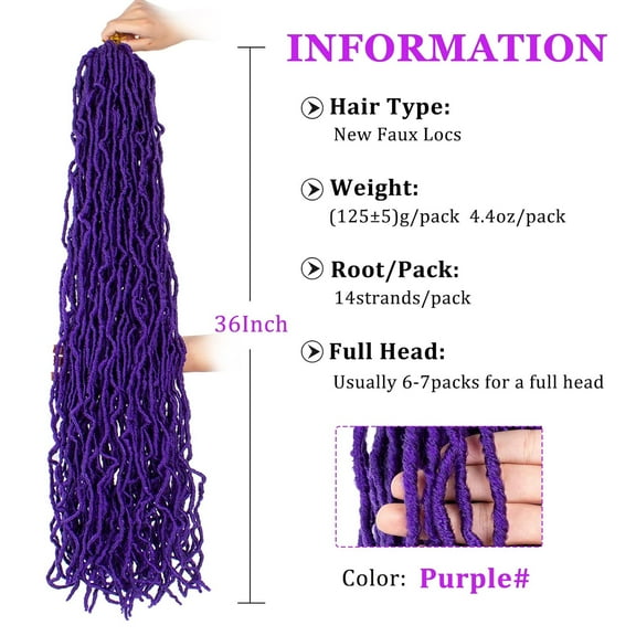 FGERFE-36 Inch New Faux Locs Crochet Hair 6 Packs/Lot Purple Pre-Looped Long Soft Locs Crochet Braids Hair Goddess Locs Curly Wavy Afro Roots Synthetic Hair Extensions (36 Inch, Purple#)
