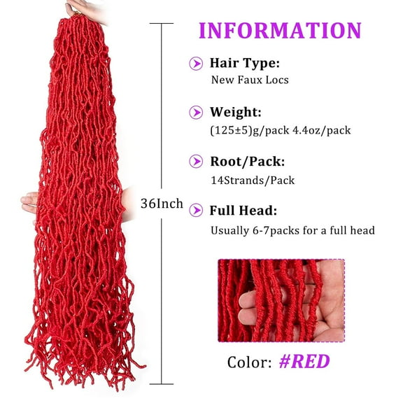 FGERFE-36 Inch Red New Faux Locs Hair Goddess Locs Pre-Looped Curly Wavy Hair 3Packs Long Soft Locs Crochet Dreadlock Synthetic Hair for Women (36 Inch, RED#)