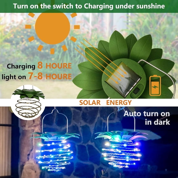 FGERFE-4 Pack Garden Solar Lights Outdoor,Pineapple Waterproof Solar Hanging Lantern,Multicolor Solar Powered Camping Light,60 Led Hanging String Light for Yard Lawn Porch Path Balcony-Colorful