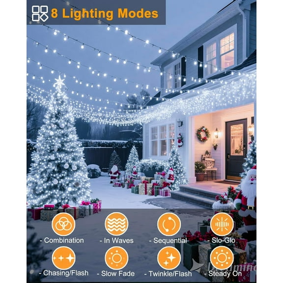 FGERFE-40FT 120 LED Christmas Lights Outdoor, Green Wire Christmas Tree Lights with 8 Modes & Waterproof, Connectable Plug in String Light for Indoor Bedroom Yard Party Wedding Decorations, White