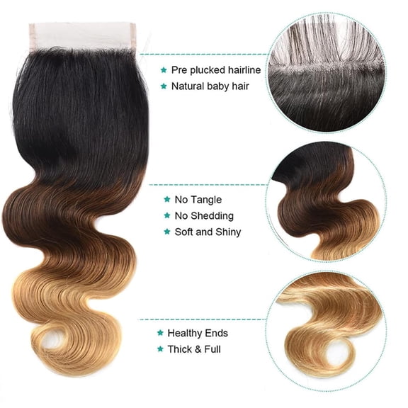 FGERFE-4X4 Transparent Lace Ombre Lace Closure Human Hair Body Wave 3 Tone Closure Ombre Pre Plucked With Baby Hair 1B/4/27 Closure For Women Malaysian Virgin Hair 10 Inch