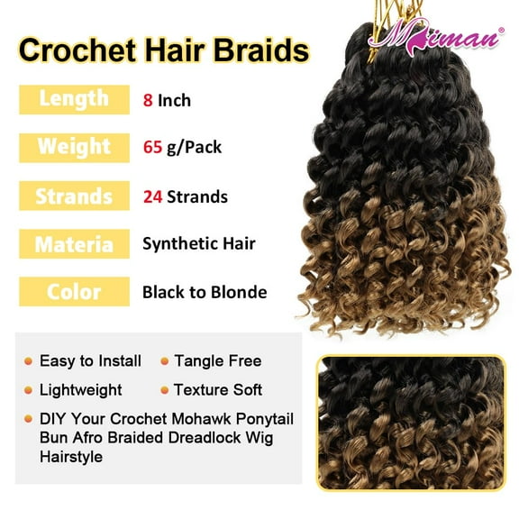 FGERFE-5 Packs 8 Inch Short Synthetic Jamaican Bounce Crochet Hair Braids Beach Curl Ocean Wave Crochet Braiding Hair Extention for Black Women DIY Mohawk Braided Ponytail Hairstyle Black to Blonde
