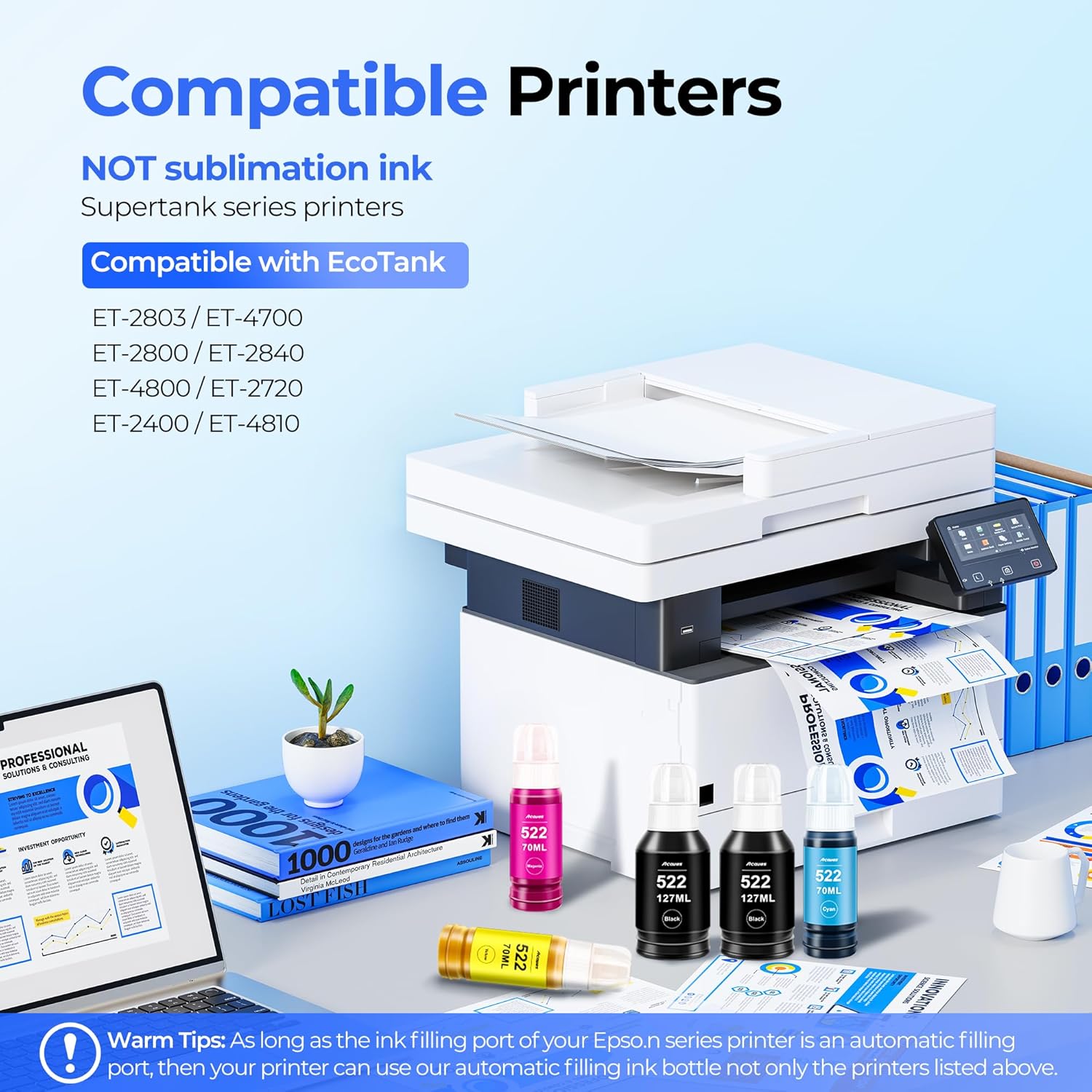 4 Bottle Genuine Refill Ink for Epson 522 ET-2720 ET-4700