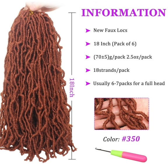 FGERFE-6 Packs Copper Red New Faux Locs Crochet Hair Pre-looped 18 Inch Ginger Goddess Faux Locs Dreadlocks Crochet Hair Synthetic Soft Locs Hair Extensions For Women (18 inch, 350#)