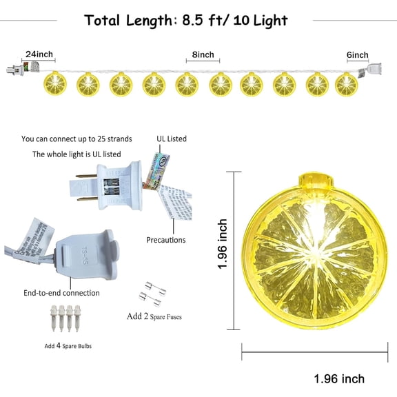 FGERFE-8.5FT LED Lemon String Lights, Plug in Summer Fairy Lights with 10 Lemon Slicer Lights, Novelty Decorative String Lights for Indoor & Outdoor, Bedroom Garden Patio Party Wedding Dcor