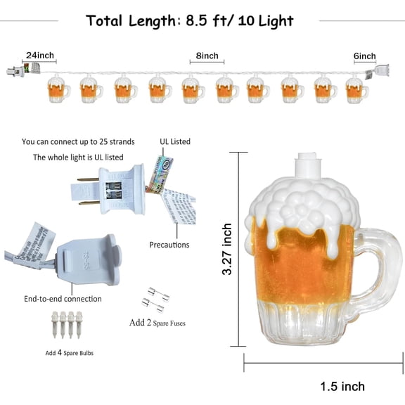 FGERFE-8.5Ft Beer String Lights, Novelty Party Decoration Lights with 10 Beer Mug Bulbs for Indoor & Outdoor, Summer Patio Outdoor Lights Perfect for Bar Patio Garden Beer Lovers' Parties