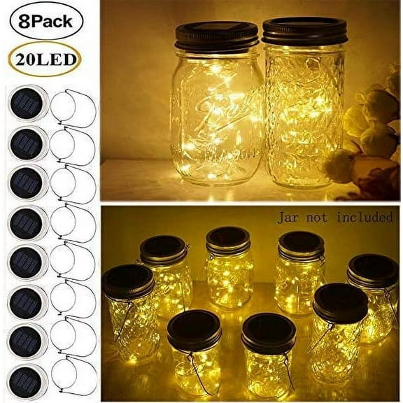 FGERFE-8 Pack Mason Jar Lights, 20 LED Solar Fairy String Lights Lids Insert for Garden Deck Patio Party Wedding Christmas Decorative Lighting Fit for Regular Mouth Jars with Hangers (No Jars)