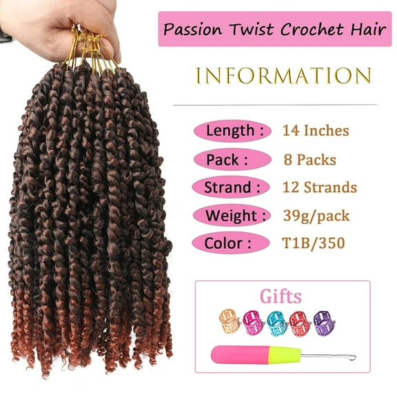 FGERFE-8 Packs 14 Inch Ombre Copper Red Passion Twist Crochet Hair for Black Women Pre-twisted Passion Twist Hair Pre Looped Bohemian Short Passion Twist Hair for Kids and Girls (14 Inch,T1B/350, 8 P