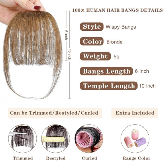 FGERFE-Bangs Hair Clip in Bangs 100% Human Hair Extensions Wispy Bangs French Bangs Fringe with Temples Hairpieces for Women Clip on Air Bangs Curved Bangs for Daily Wear (blonde)