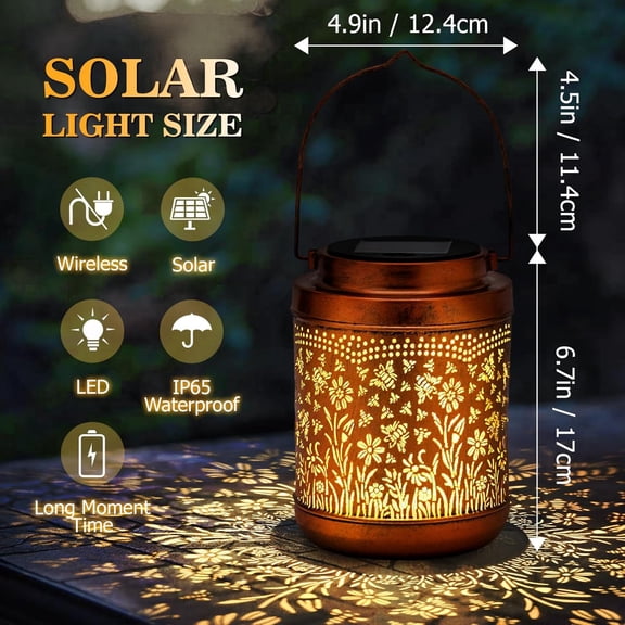 FGERFE-Bee Solar Lanterns Outdoor Waterproof - Birthday Gifts for Women Mom Grandma - Hallow Out Metal Hanging Honeybee Decorative LED Lights Garden Decor for Yard Patio Lawn Porch Backyard Deck