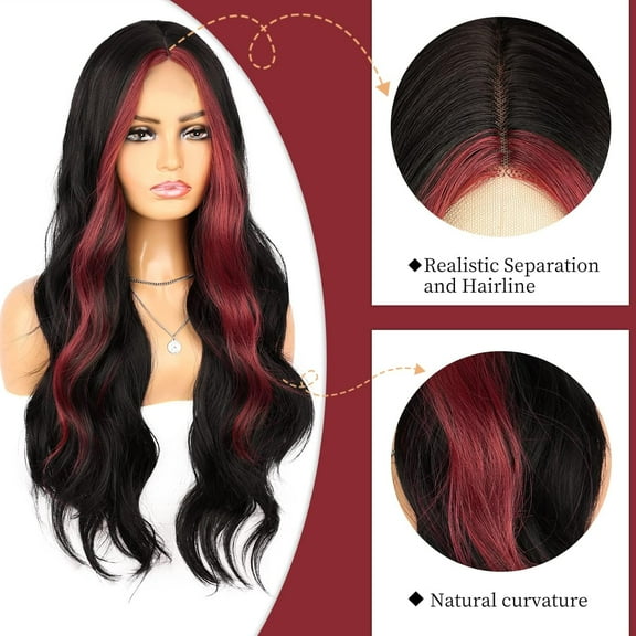 FGERFE-Black Mix Red Wigs for Women Black Red Wig Middle Part Synthetic Wig Heat Resistant Body Wave Wig for Daily Party Use