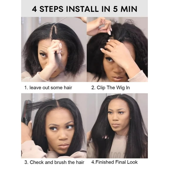 FGERFE-Black V Part Wig Kinky Straight Wig Upgrade U Part Synthetic Wigs for Black Women Full Head Clip In Hair Glueless Blend Human Hair Replacement Synthetic Wigs Natural Scalp (Natural Black2.0, 2